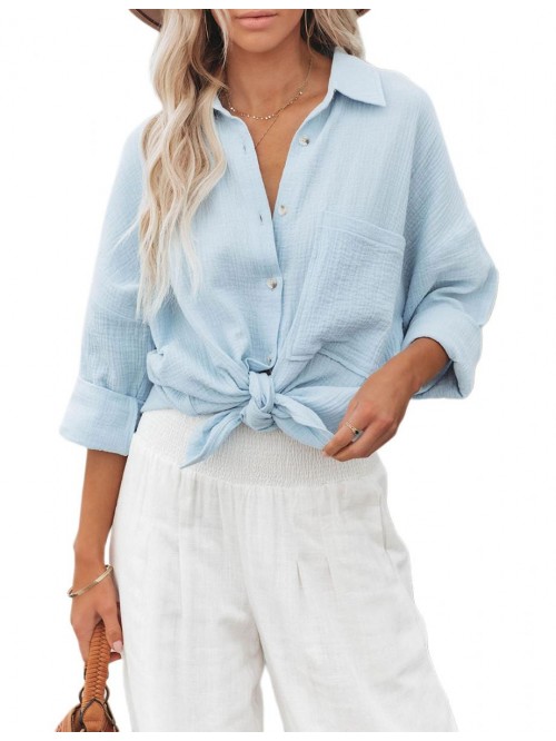 Women Casual Cotton Button Down Shirts Loose V Nec...