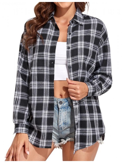 Sky Womens Long Sleeve Plaid Shirt Oversized Colla...