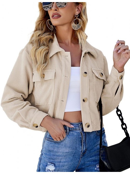 Womens Cute Cropped Corduroy Jacket Beige Button D...