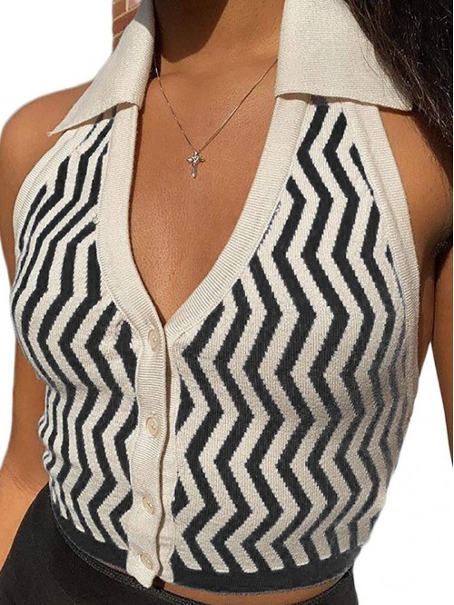 Fashion Halter Vest Sexy Girls Y2K Striped Knitted...