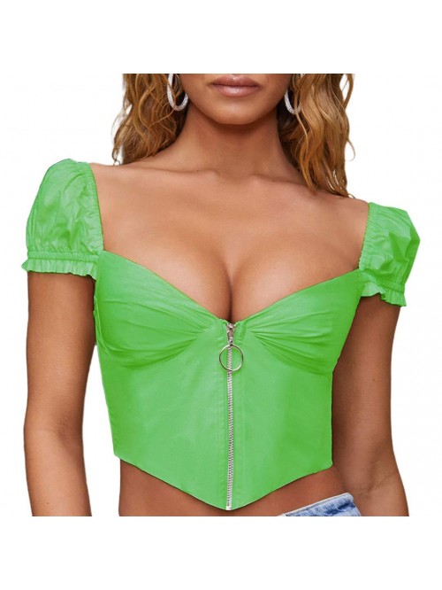 Women's Sexy Zip Front Deep V Neck Ruffle Short Sl...