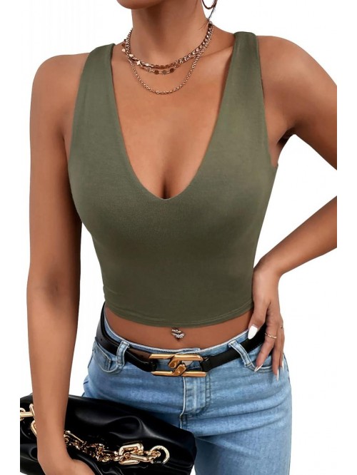 Women's V Neck Sleeveless Racerback Basic Crop Tan...