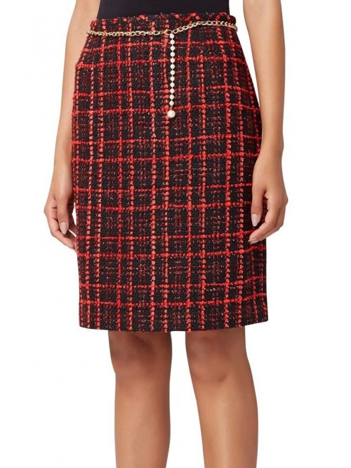 Women's Boucle Check Pencil Skirt with Chain Belt ...