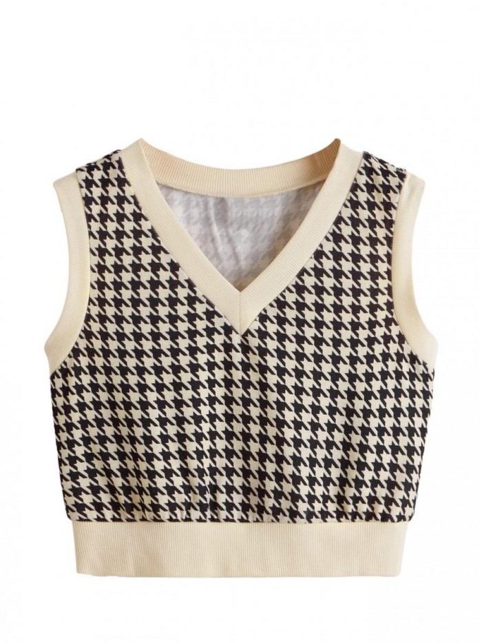 Women's Houndstooth Sleeveless V Neck Pullover Knitwear Top Sweater Vest 