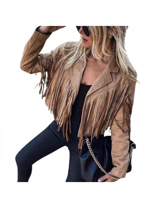 Fringe Jacket Faux Suede Cardigan with Tassel Long...