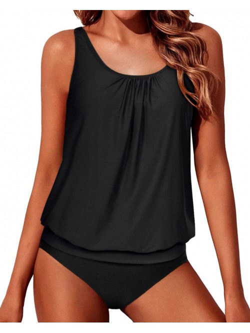 Two Piece Blouson Tankini Swimsuits for Women Mode...