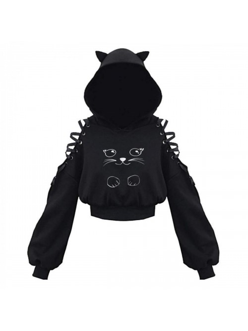 Cat Ear Hoodies Bandage Shoulders Tops Womens Long...