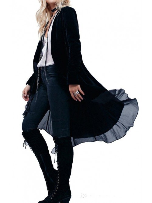 Womens Ruffled Asymmetric Long Velvet Blazers Coat...