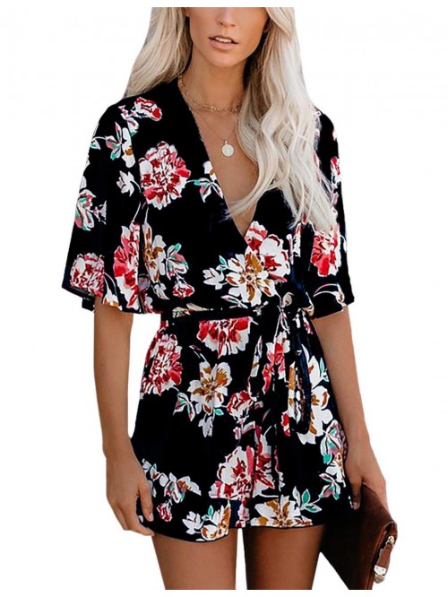 Women's Jumpsuit Floral Print V Neck Flared Half S...