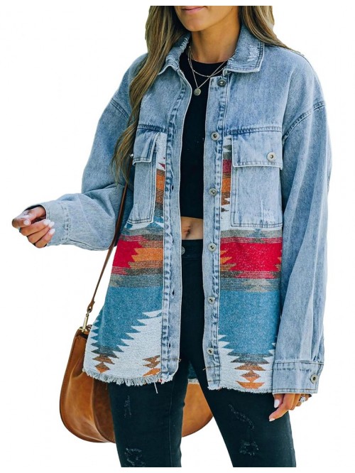 Aztec Denim Jacket for Women Oversized Button Down...