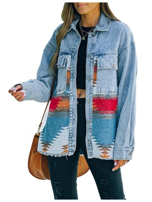 Women's Aztec Denim Jacket Distressed Lapel Long S...