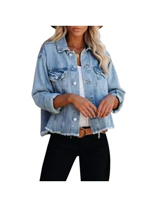 Women's Jean Jacket Frayed Washed Button Up Croppe...