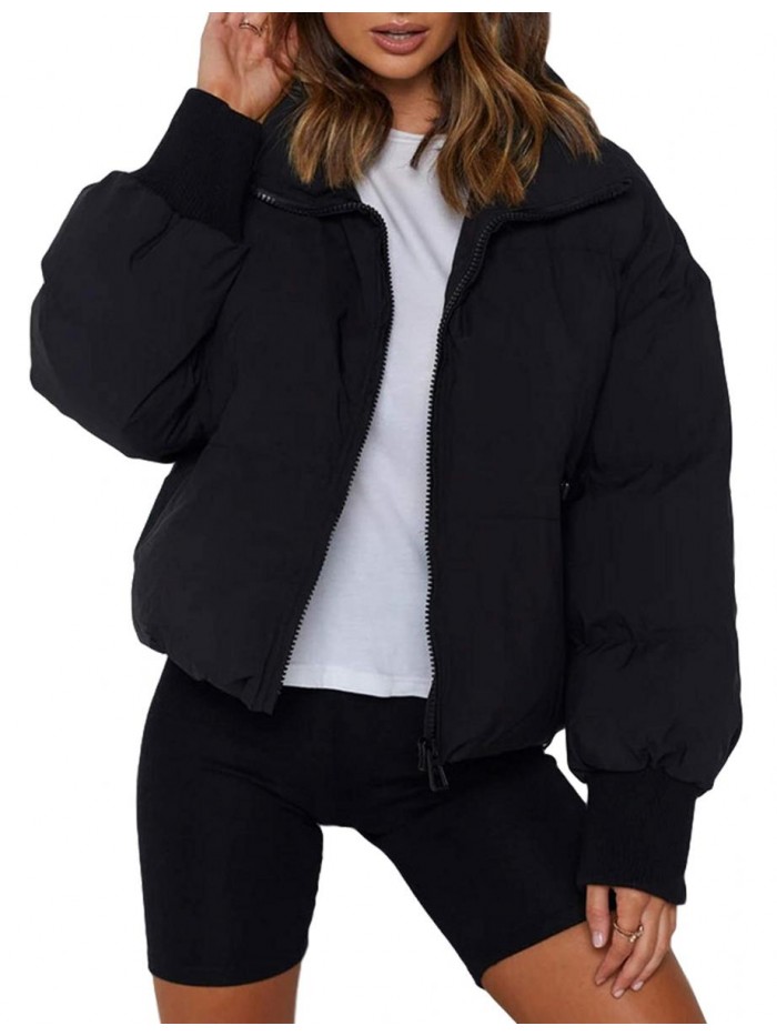 Womens Casual Padded Full Zip Stand Collar Long Sleeve Puffer Jackets 