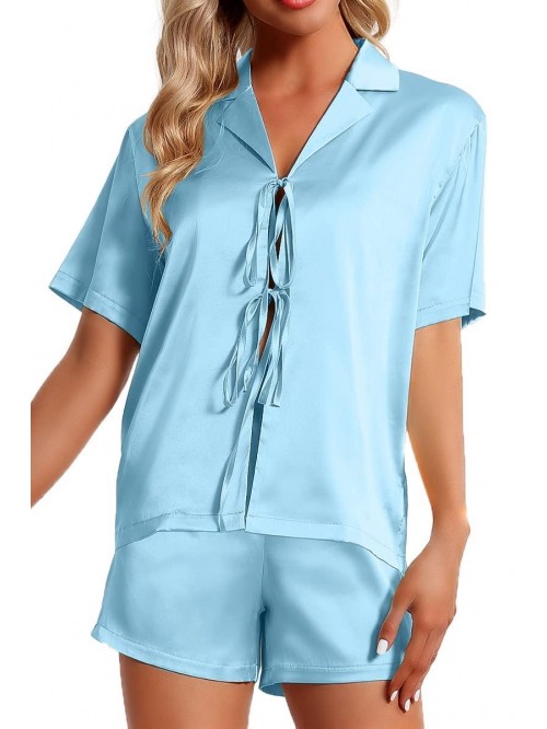 Women's Silk Satin Pajamas Sets Tie Front Short Sl...