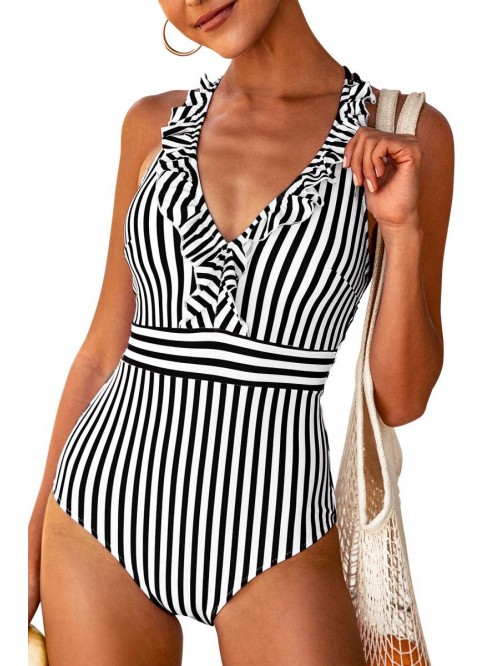 Women's V Neck One Piece Swimsuit Ruffled Back Cro...