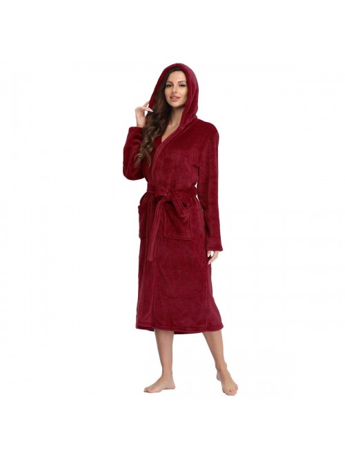 Womens Long Robes Plush Fleece Nightgown Thick Hoo...